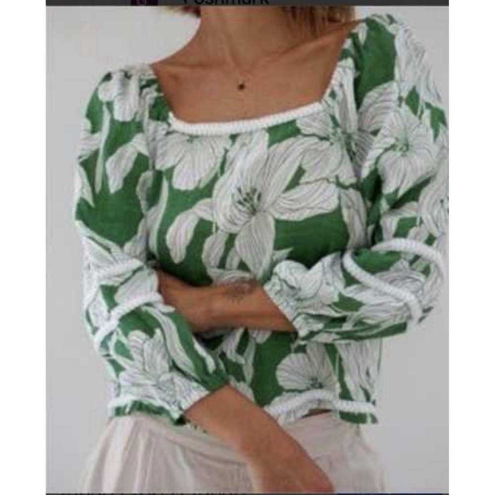 Tahari Linen Green White Floral Square Neck Boxy Top Xl Beach Resort Coastal